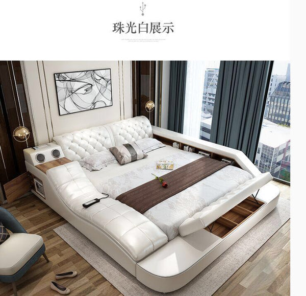 Genuine leather bed frame Soft Beds massager storage safe speaker LED light Bedroom cama muebles de dormitorio / camas quarto