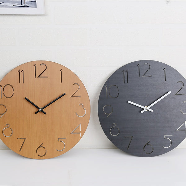 Creative Wooden Wall Clock Modern Noiseless Round Watch Hollowed Arabic Numbers Wall Clock Pine Solid Wood for Living Wall Decor
